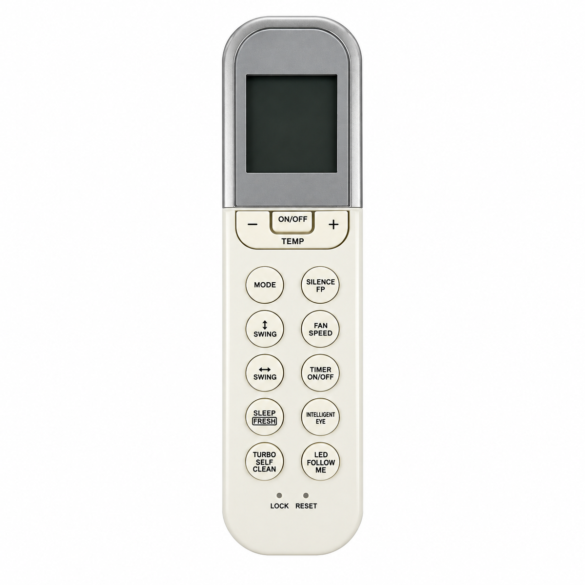 Gray and white HVAC wireless remote control with a blank display and labeled buttons, shown front-facing on a white background.