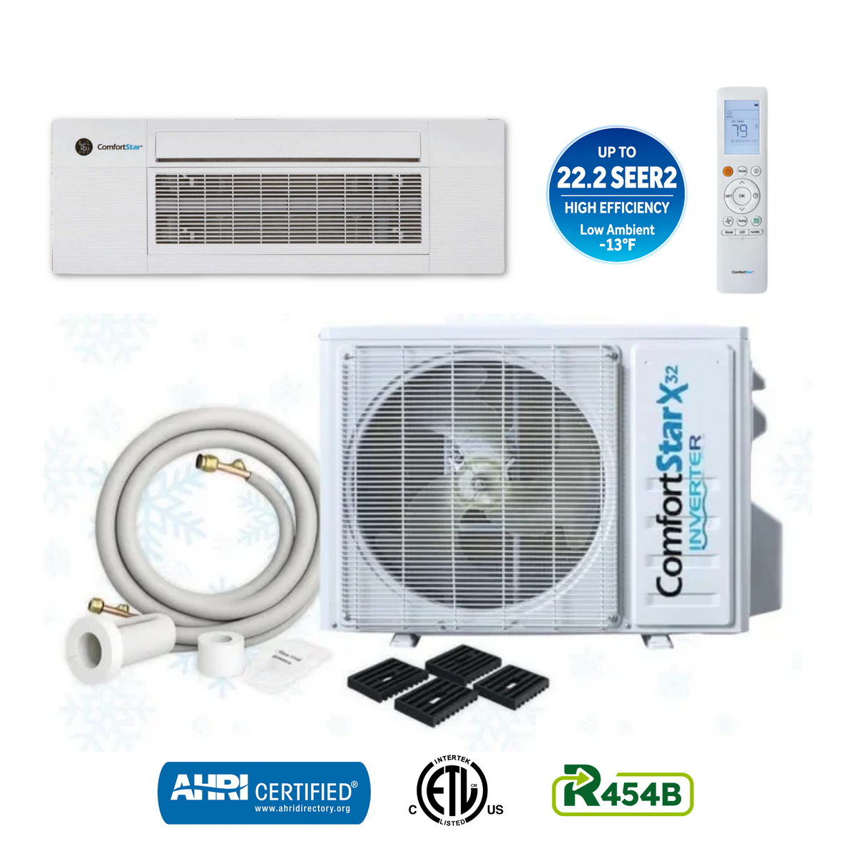 ComfortStar 12,000 BTU one-way cassette mini-split heat pump system with T1W3 indoor unit and matched CPP3 outdoor unit.