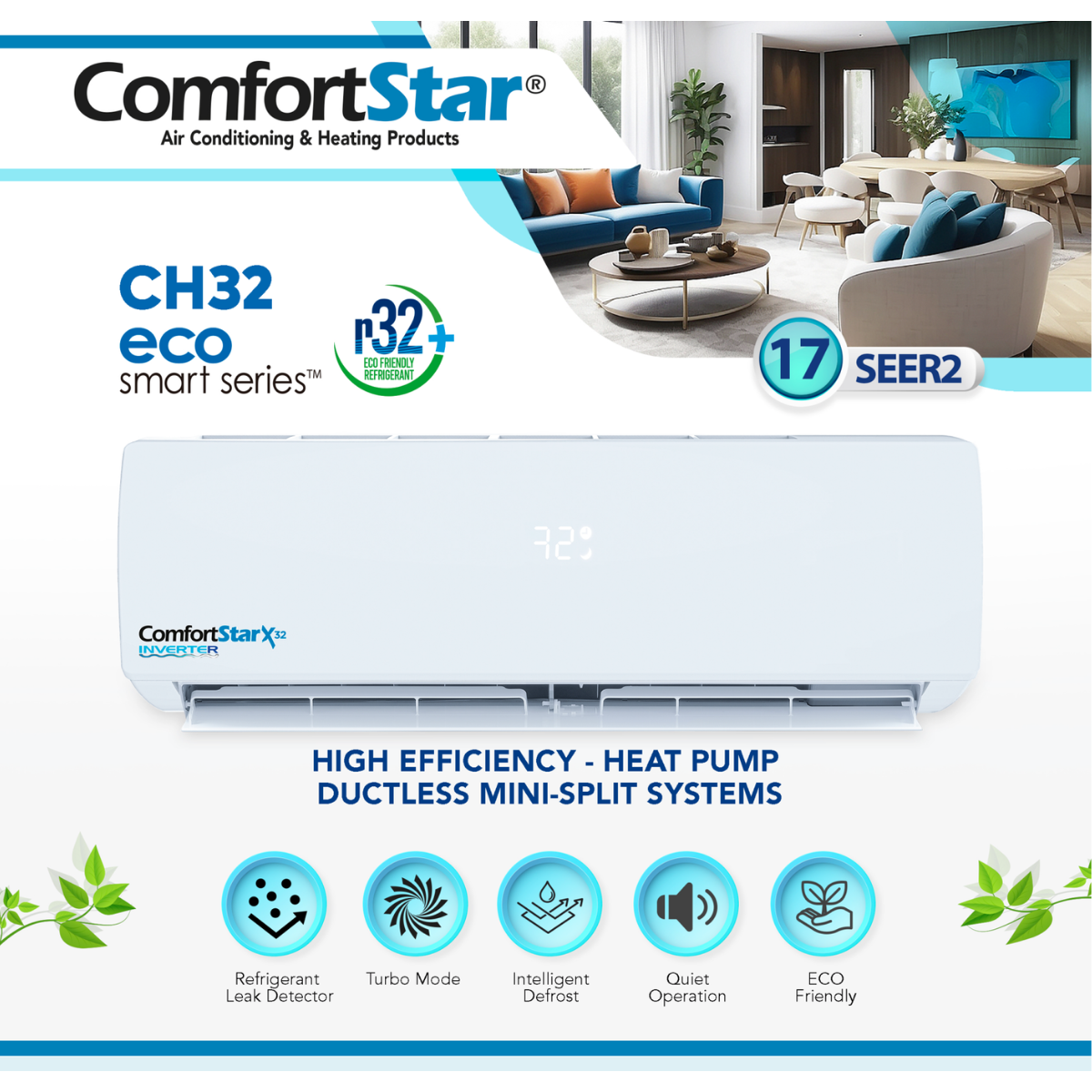 12K COOLING + HEATING - 115V WALL MOUNTED – R32 MINI-SPLIT SYSTEM – 17 SEER2
