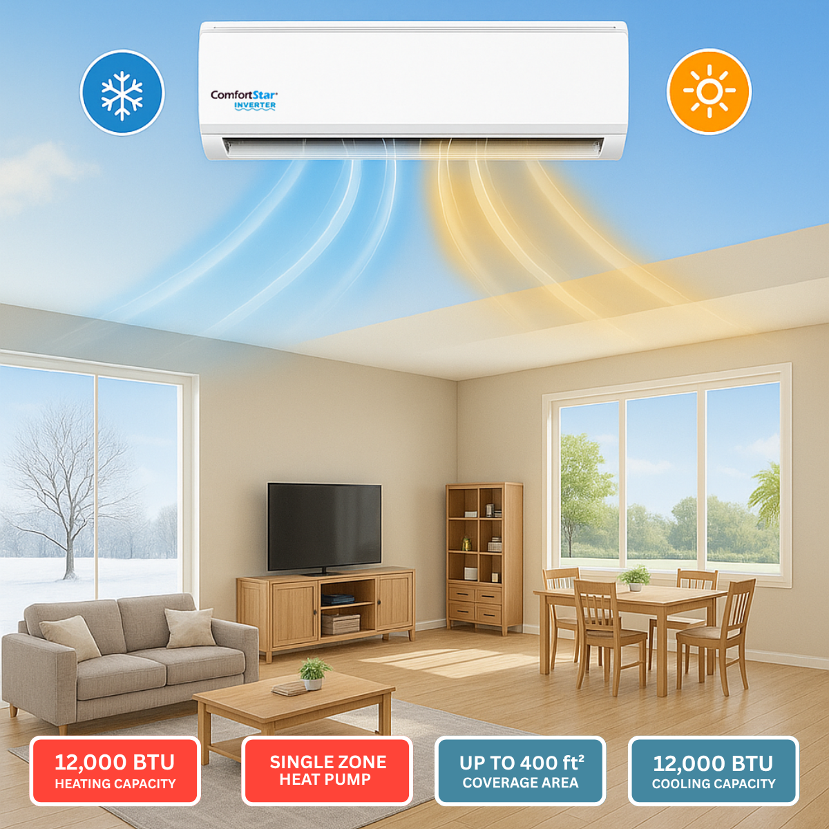 12,000 BTU Cooling + Heating - Wall Mounted Ductless Mini Split Air Conditioner Heat Pump – 23.1 SEER2 Energy-Efficient, Voltage 230V
