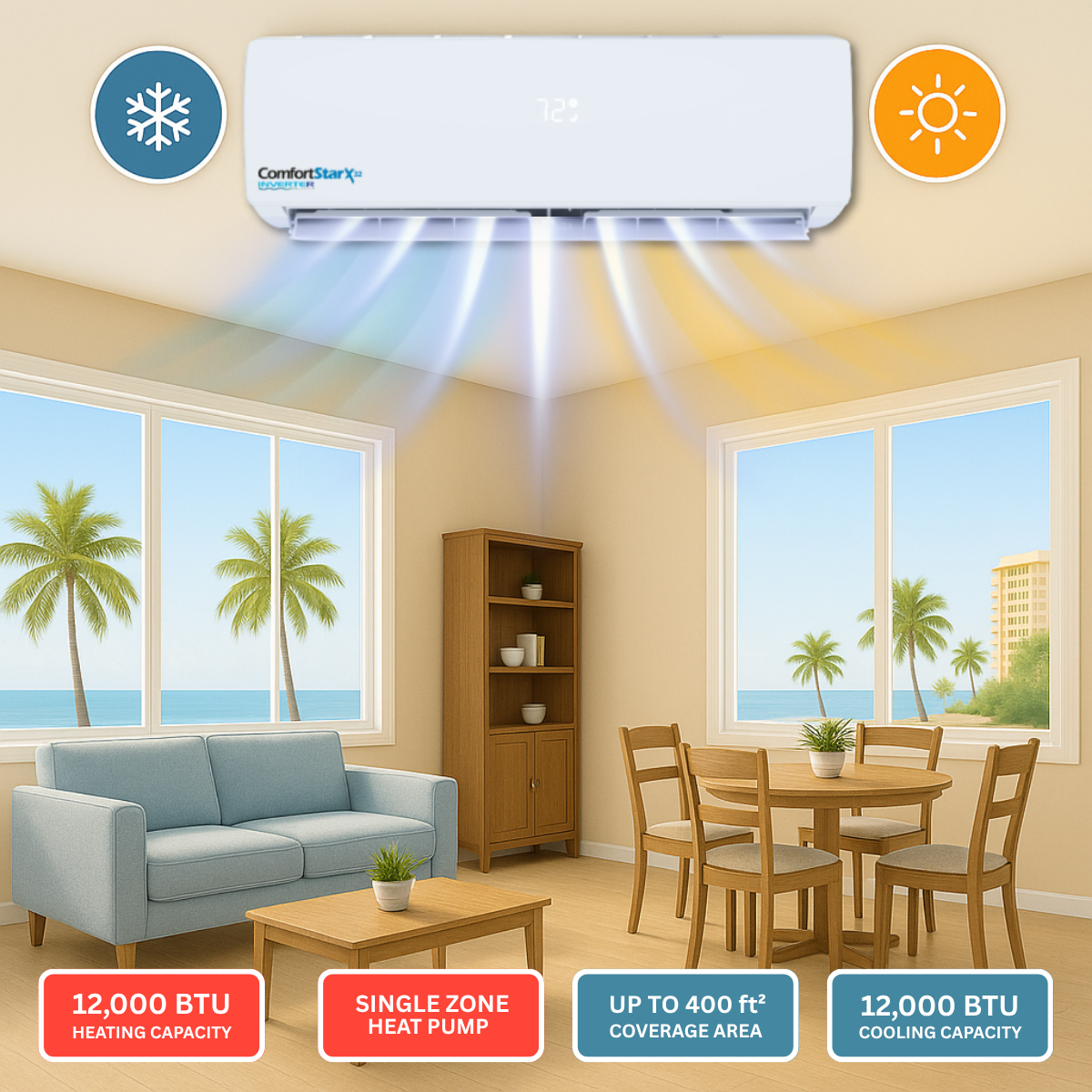 12,000 BTU Cooling + Heating - Wall Mounted Ductless Mini Split Air Conditioner Heat Pump - 17 SEER2 Energy-efficient, Voltage 230V