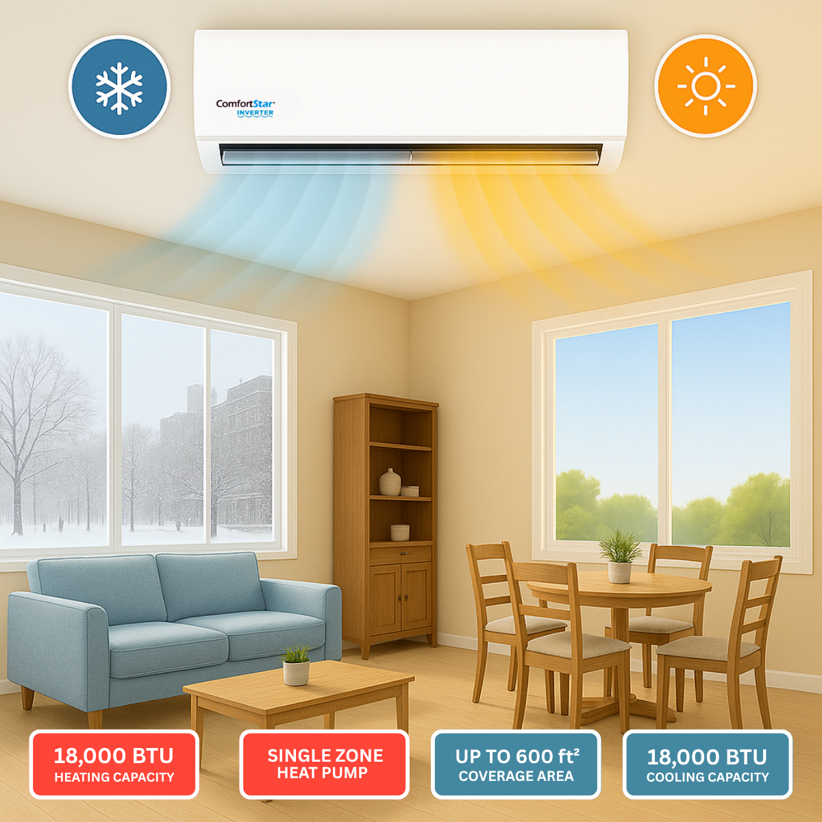 18,000 BTU Cooling + Heating - Wall Mounted Ductless Mini Split Air Conditioner Heat Pump - 22 SEER2 Energy-Efficient, Voltage 230V