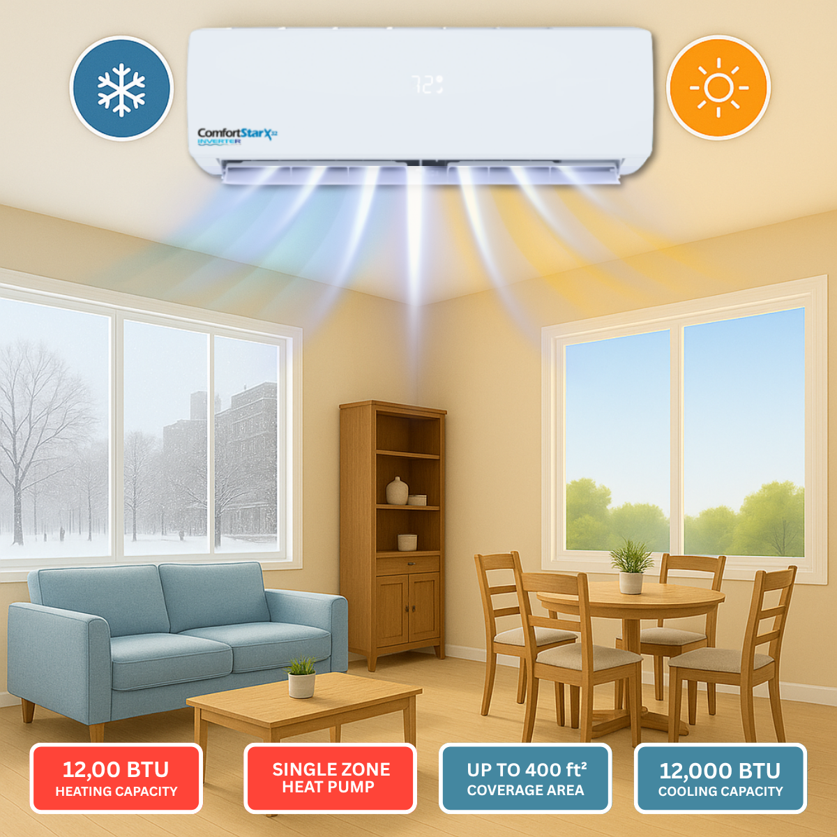 12,000 BTU Cooling + Heating - Wall Mounted Ductless Mini Split Air Conditioner Heat Pump - 22 SEER2 Energy-Efficient, Voltage 115V