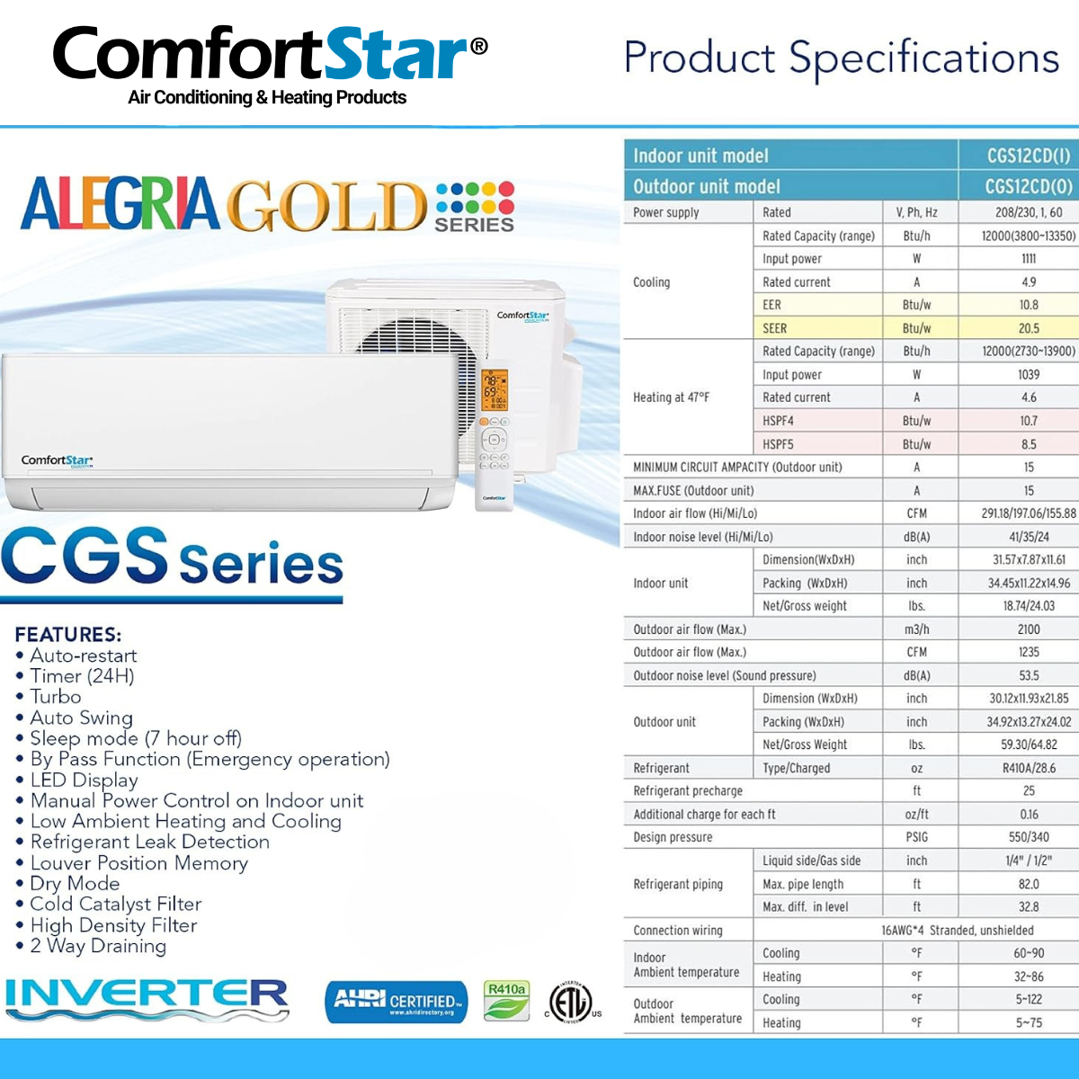 12,000 BTU Ductless Mini Split Air Conditioner & Heat Pump – Wall Mounted, 230V Inverter, 21.4 SEER2 Energy-Efficient Cooling & Heating