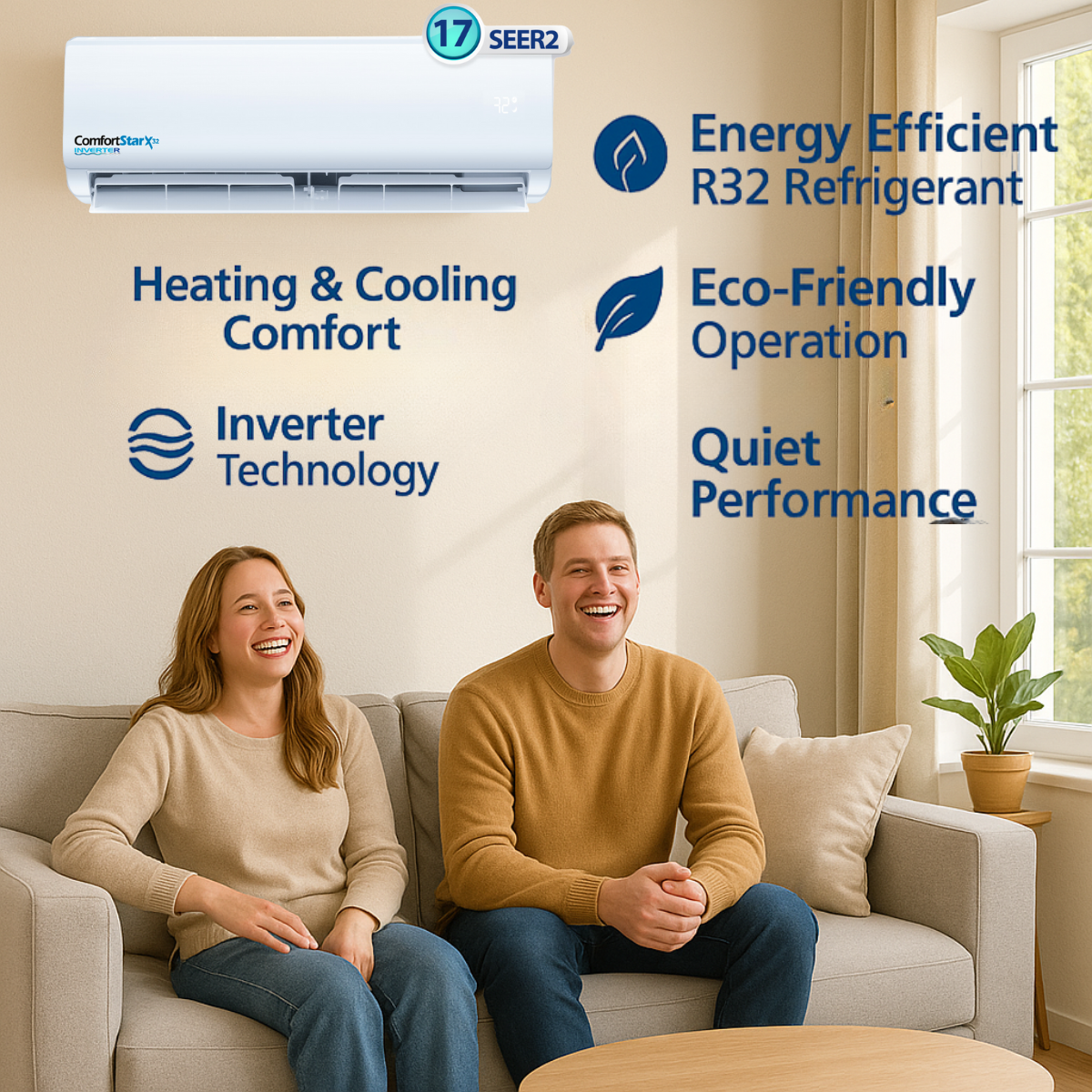 18,000 BTU Cooling + Heating - Wall Mounted Ductless Mini Split Air Conditioner Heat Pump – 17 SEER2 Energy-efficient, Voltage 230V