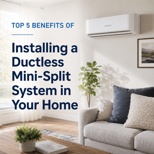 Ductless mini split installed in a bright modern living room with neutral sofa, natural light, plants, and the headline “Top 5 Benefits of Installing a Ductless Mini-Split System in Your Home.