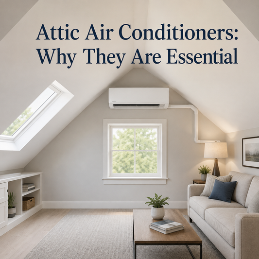 Infographic showing a ComfortStar mini split cooling a hot attic, with benefits like lower attic temperatures, energy efficiency, protection for stored items, quiet comfort, product options, and Air & Heat Direct support.