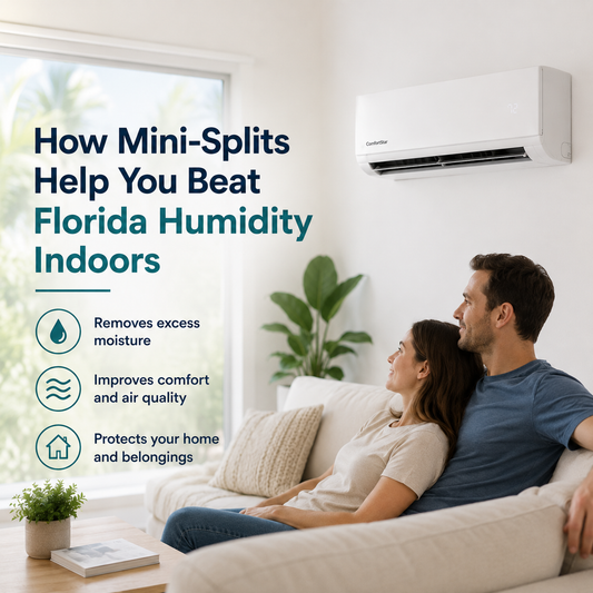 Couple relaxing in a bright modern living room with soft natural light, greenery, and a ComfortStar mini split helping control indoor humidity and comfort.