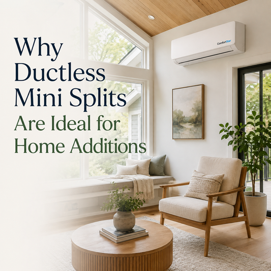 ComfortStar ductless mini split installed in a bright home addition with large windows, wood ceiling accents, and a clean modern seating area.