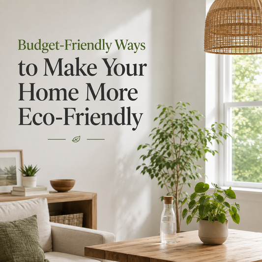 Bright realistic eco-friendly home interior with natural light, plants, wood furniture, woven lighting, and the title “Budget-Friendly Ways to Make Your Home More Eco-Friendly.