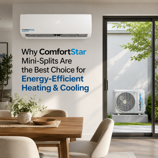 ComfortStar mini split heating and cooling system in a realistic modern dining room.  Indoor wall unit shown above the room, with outdoor condenser visible through glass doors and natural light throughout.