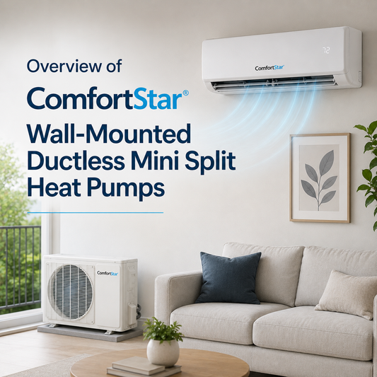 ComfortStar wall-mounted ductless mini split heat pump with matching outdoor condenser in a clean modern living room, showing cool airflow and product-focused ComfortStar branding.