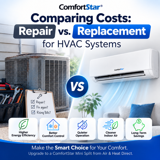 ComfortStar graphic comparing HVAC repair vs. replacement costs, showing an outdoor unit, mini split, warranty box, and smart choice benefits.