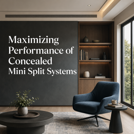 Concealed mini split vent in a realistic modern living room with dark accent wall, blue chair, wood shelving, and the title “Maximizing Performance of Concealed Mini Split Systems.