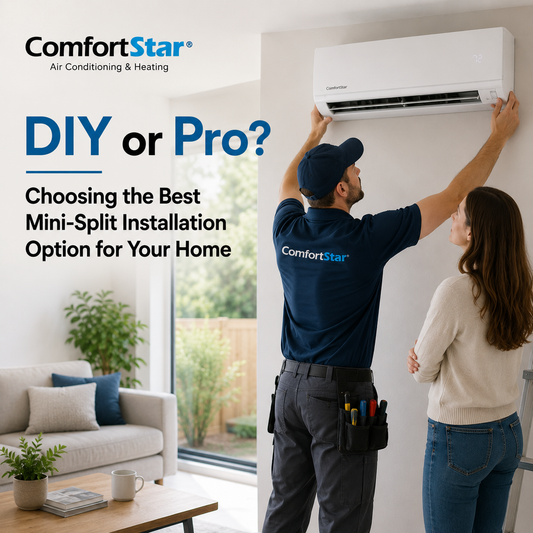 ComfortStar technician installing a wall-mounted mini split in a bright modern living room while a homeowner watches, with clean title text about choosing DIY or professional installation.