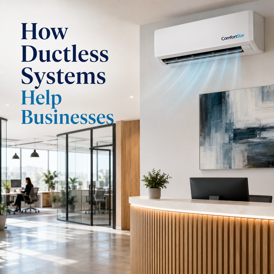 ComfortStar ductless mini split cooling a realistic modern business office with reception desk, glass workspaces, natural light, and the title “How Ductless Systems Help Businesses.
