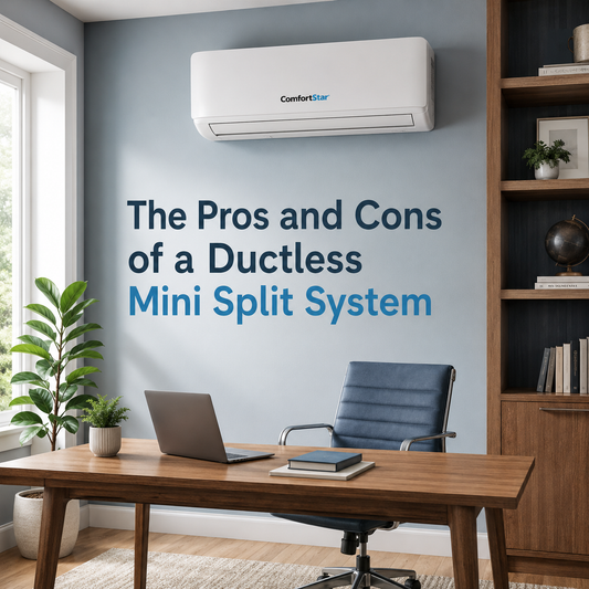 ComfortStar ductless mini split installed in a realistic modern home office with blue accent wall, wood desk, plants, shelving, and the title “The Pros and Cons of a Ductless Mini Split System.