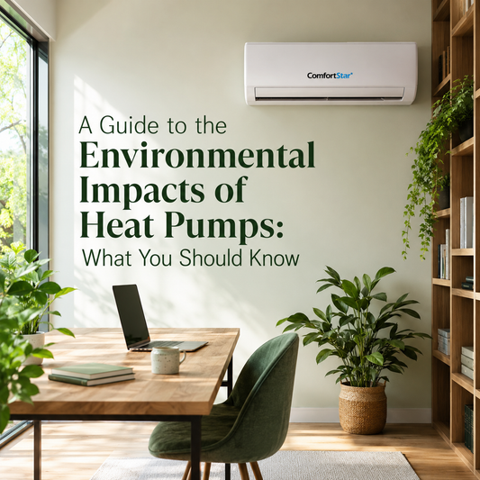 ComfortStar heat pump mini split in a realistic green home office with plants, natural light, wood furniture, and the title “A Guide to the Environmental Impacts of Heat Pumps.