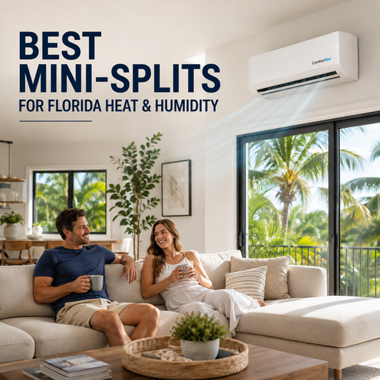 Couple relaxing in a bright Florida-style living room with palm views, soft natural light, and a ComfortStar mini split cooling the space.