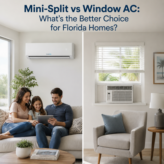 Side-by-side Florida home comparison showing a ComfortStar mini split cooling a bright modern living room and a window AC in a separate room, with people relaxing on the mini split side.