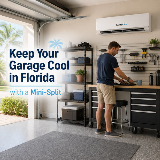 Homeowner working in a clean Florida garage with the door open, palm trees outside, organized tools, and a ComfortStar mini split cooling the space.