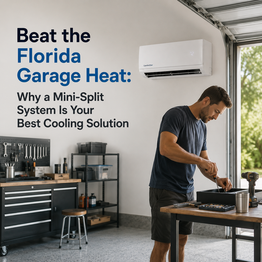 Man working at a garage workbench in a clean Florida garage with the door open, organized tools, natural light, and a ComfortStar mini split cooling the space.