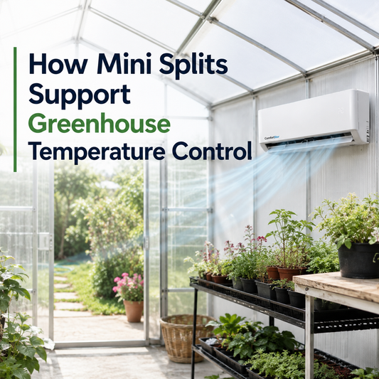 ComfortStar mini split cooling a bright realistic greenhouse with plants, seedlings, natural light, and the title “How Mini Splits Support Greenhouse Temperature Control.