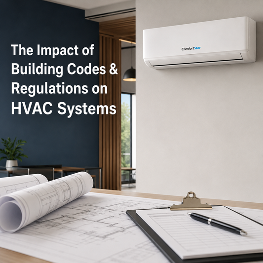 ComfortStar mini split installed in a modern interior with building plans, checklist, and the title “The Impact of Building Codes & Regulations on HVAC Systems.