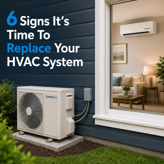ComfortStar outdoor condenser installed outside a home with the indoor mini split visible through a window, paired with the title “6 Signs It’s Time To Replace Your HVAC System.