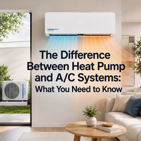 ComfortStar heat pump mini split showing blue cooling airflow and orange heating airflow in a realistic living room, with outdoor condenser visible and the title “The Difference Between Heat Pump and A/C Systems.