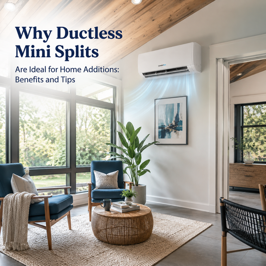 ComfortStar ductless mini split cooling a bright home addition with large windows, blue accent chairs, natural wood ceiling, plants, and the title “Why Ductless Mini Splits Are Ideal for Home Additions: Benefits and Tips.