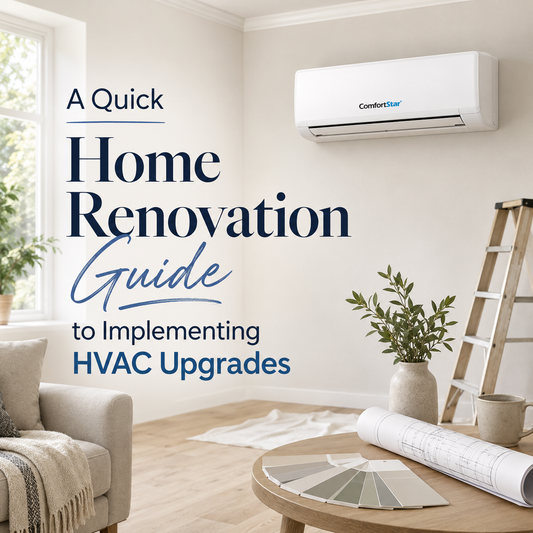 ComfortStar mini split installed in a bright home renovation room with design plans, paint samples, and the title “A Quick Home Renovation Guide to Implementing HVAC Upgrades.