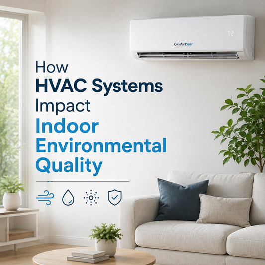 ComfortStar mini split installed in a bright modern living room with clean airflow icons and the title “How HVAC Systems Impact Indoor Environmental Quality.