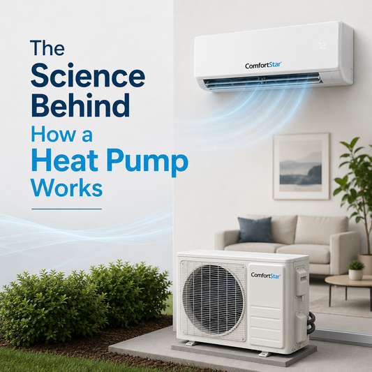 ComfortStar heat pump system with indoor mini split and outdoor condenser showing airflow in a clean modern home setting, with the title “The Science Behind How a Heat Pump Works.”