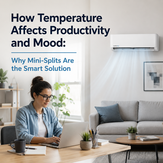 ComfortStar mini split cooling a realistic home office while a woman works on a laptop, with the title “How Temperature Affects Productivity and Mood.