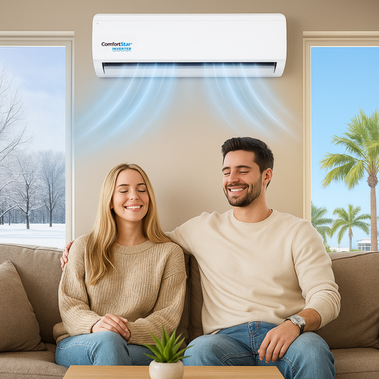 ComfortStar mini split in a clean modern room with the title “115V vs 230V Mini Splits: Which One Is Right for You?”