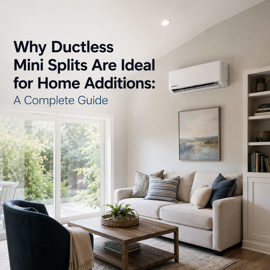 ComfortStar ductless mini split installed in a bright realistic home addition with large glass doors, built-in shelving, blue accent chair, neutral sofa, and the title “Why Ductless Mini Splits Are Ideal for Home Additions: A Complete Guide.
