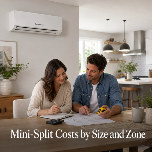 ComfortStar mini split installed in a realistic open kitchen and dining area while a couple reviews floor plans, notes, calculator, and measuring tape, with the headline “Mini-Split Costs by Size and Zone.