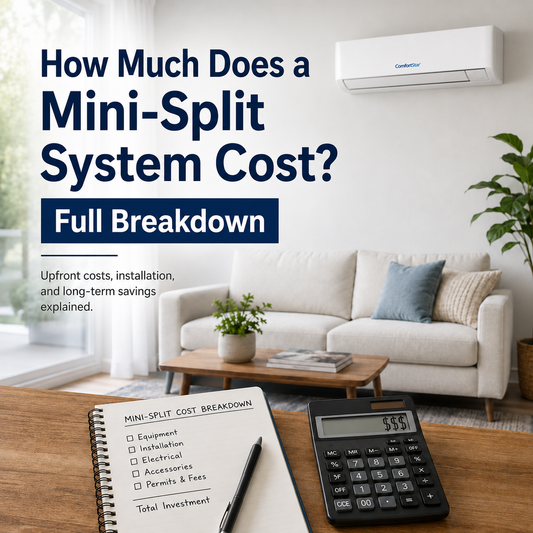ComfortStar mini split installed in a bright realistic living room with a cost breakdown notebook, calculator, neutral sofa, plants, and the headline “How Much Does a Mini-Split System Cost? Full Breakdown.