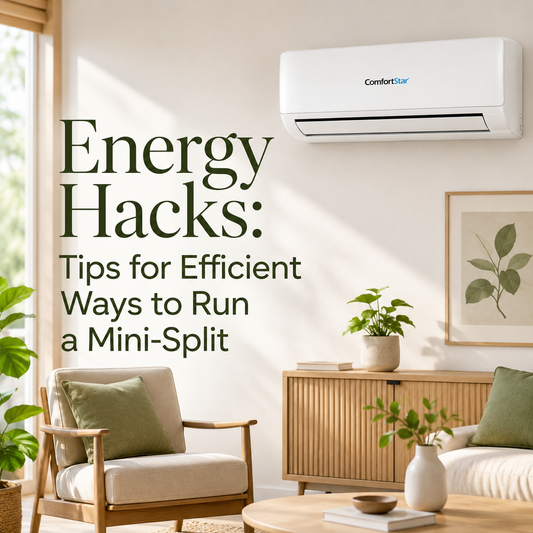ComfortStar mini split installed in a bright natural living room with simple green decor and the title “Energy Hacks: Tips for Efficient Ways to Run a Mini-Split.