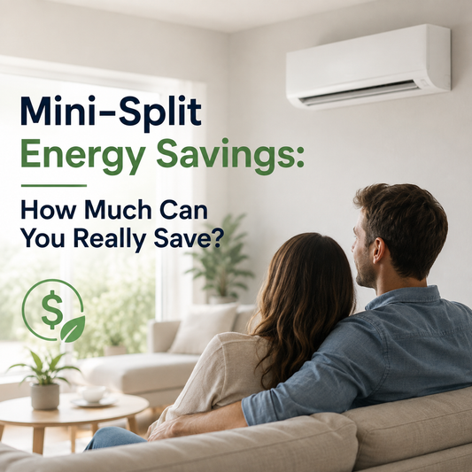 Couple relaxing in a bright modern living room with a wall-mounted mini split, natural light, plants, and the headline “Mini-Split Energy Savings: How Much Can You Really Save?