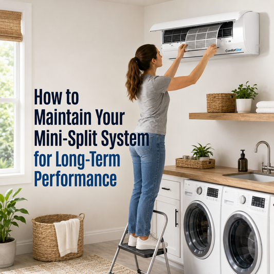 ComfortStar mini split being cleaned in a bright realistic laundry room, with a homeowner removing the filter while standing on a step stool and the headline “How to Maintain Your Mini-Split System for Long-Term Performance.