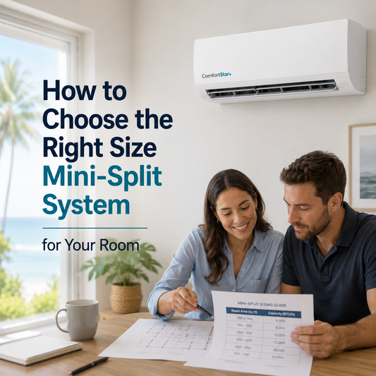 Couple reviewing a mini split sizing guide in a bright realistic room with ocean view, sizing papers, table, and a ComfortStar mini split on the wall.
