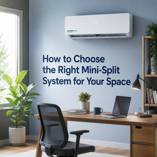 ComfortStar mini split installed in a realistic modern home office with desk, laptop, plants, blue wall, and the title “How to Choose the Right Mini-Split System for Your Space.