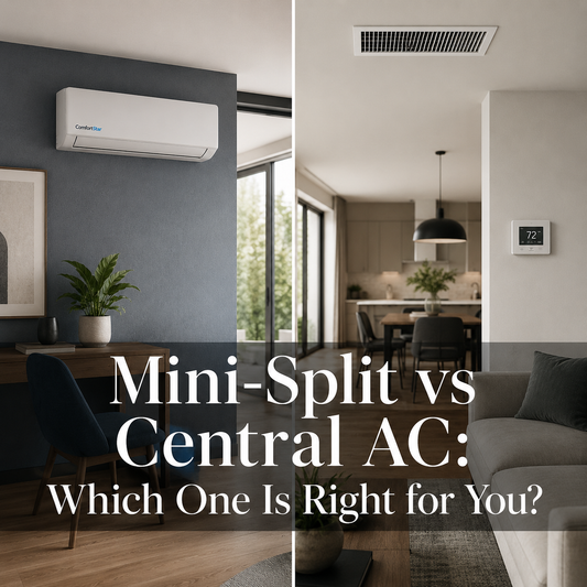 Realistic split-view home interior comparing a ComfortStar mini split on one side with a central AC vent and thermostat on the other, titled “Mini-Split vs Central AC.