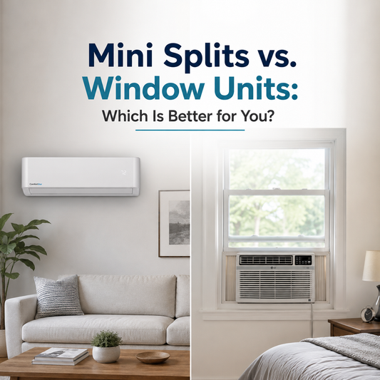 Realistic split-view room comparison showing a ComfortStar mini split on one side and a window air conditioner on the other, with the title “Mini Splits vs. Window Units: Which Is Better for You?