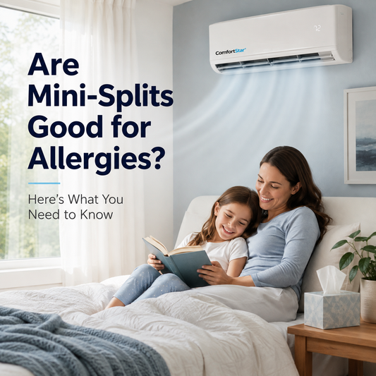 Mother and daughter reading in a bright, clean bedroom with soft blue decor, fresh bedding, tissue box, and a ComfortStar mini split providing gentle airflow.
