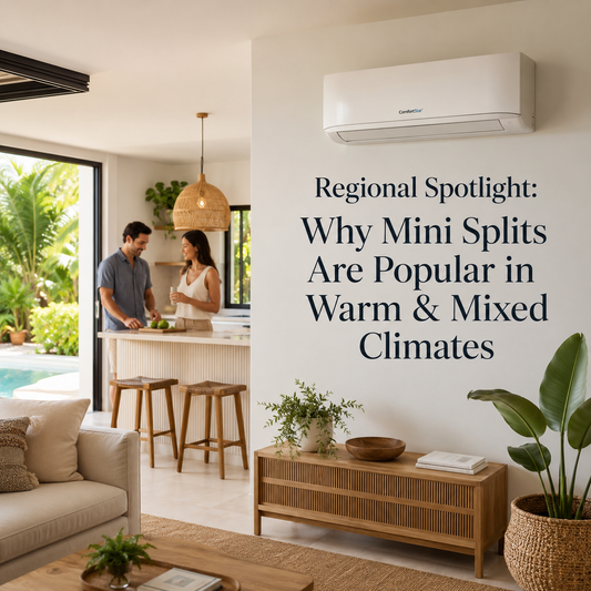 Couple in a bright tropical-style home with large windows, greenery, and a ComfortStar mini split providing indoor comfort in a warm climate.