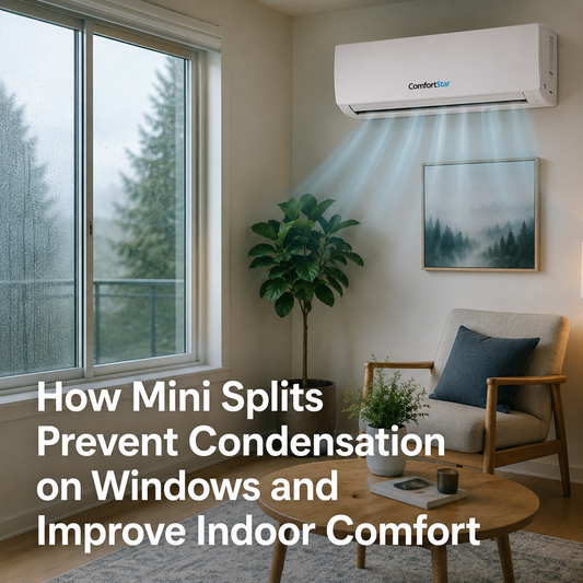 ComfortStar mini split cooling a realistic living room on a rainy day with condensation on the window and the title “How Mini Splits Prevent Condensation on Windows and Improve Indoor Comfort.
