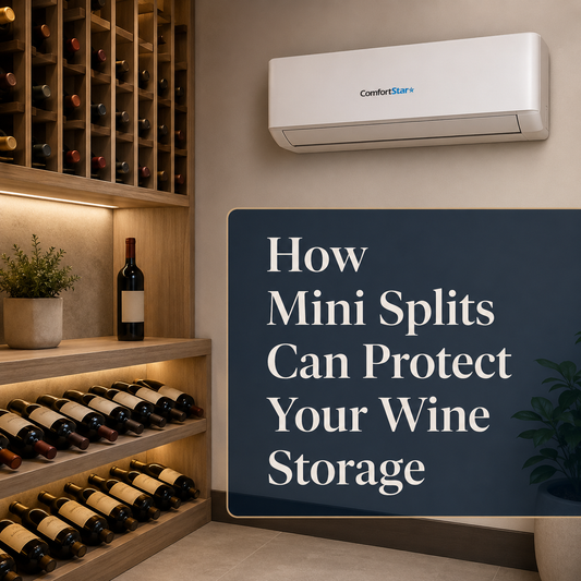 ComfortStar mini split installed in a wine storage room with wooden wine racks, helping maintain climate control for protected wine storage.